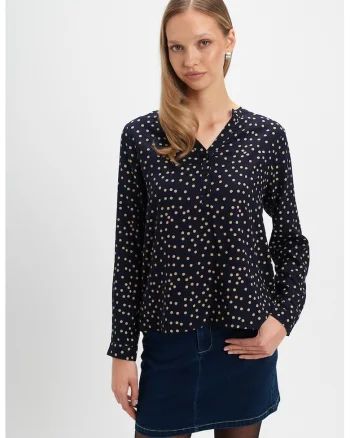 Bluza cu decolteu in V si fenta cu nasturi, Albastru ultramarin/Bej