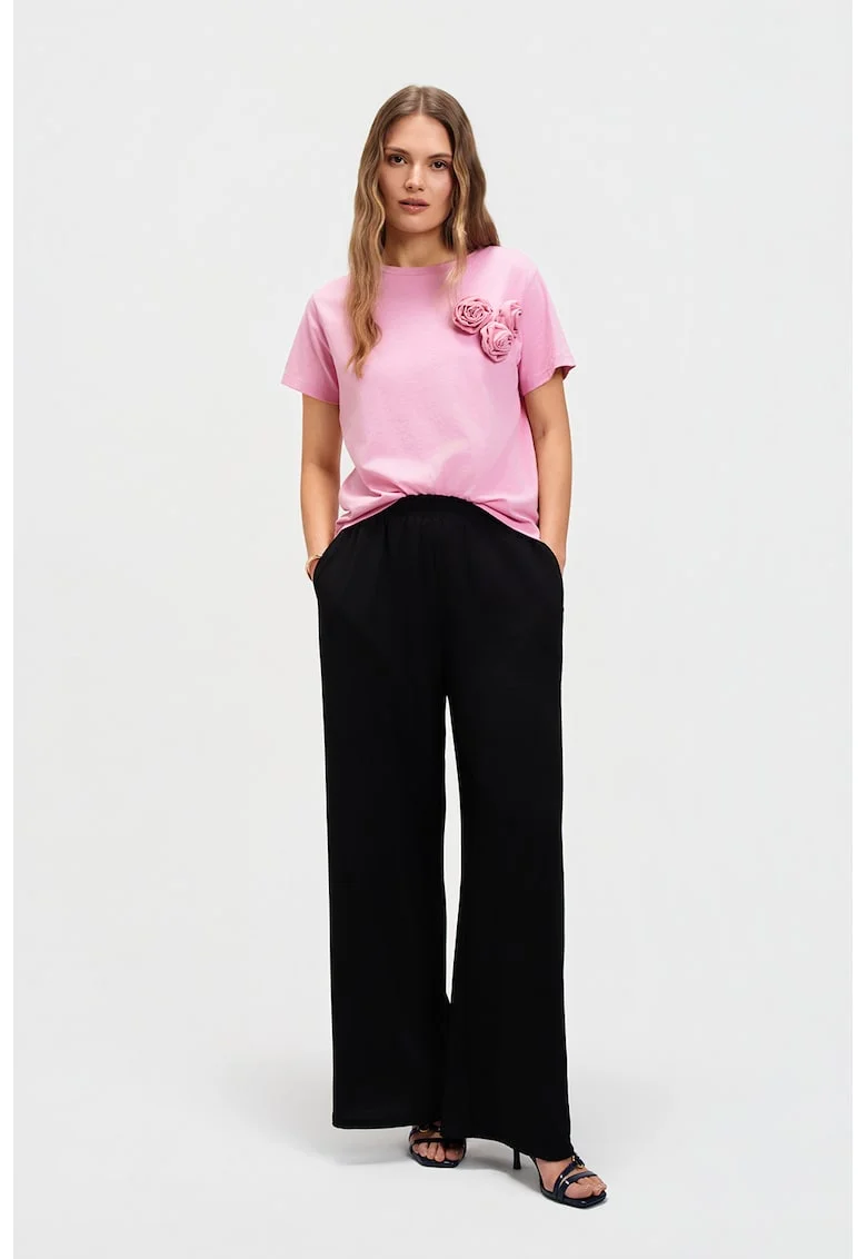 Tricou din bumbac cu aplicatii florale, Roz deschis