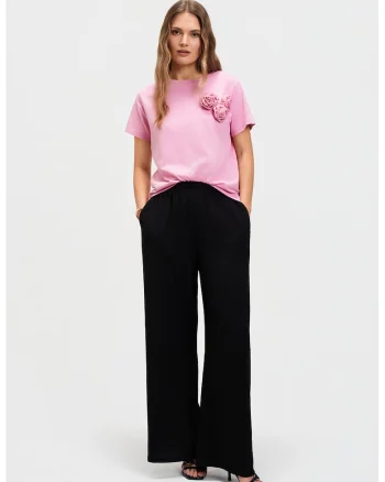Tricou din bumbac cu aplicatii florale, Roz deschis