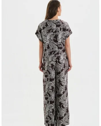 Bluza cu decolteu in V si model, Alb/Maro inchis