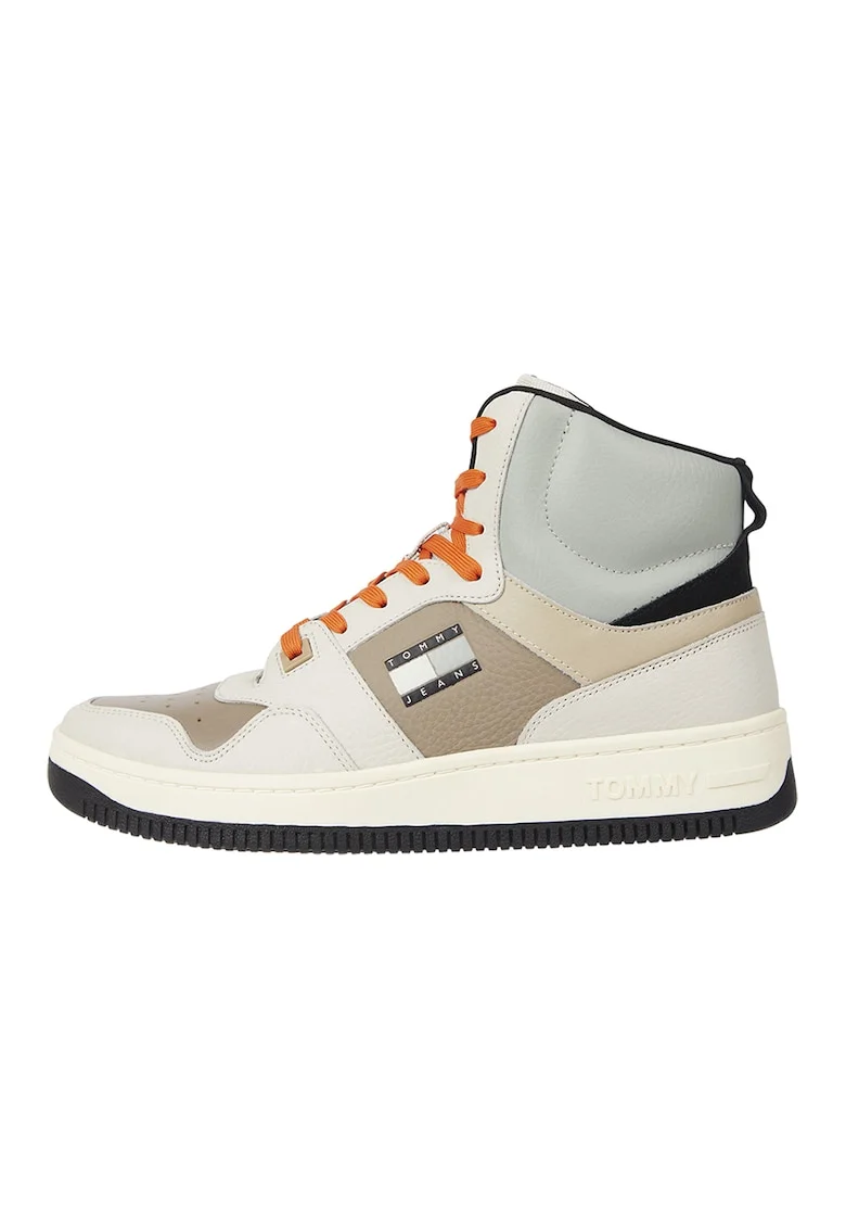 Pantofi sport mid-high de piele, Alb/Maro/Portocaliu