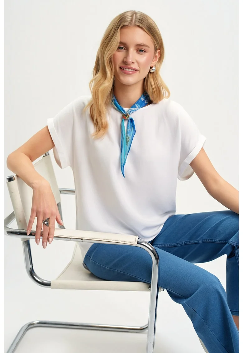 Bluza cu maneci scurte si model cu terminatie rasucita, Alb/Albastru
