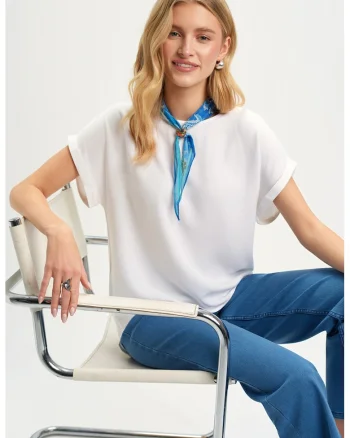 Bluza cu maneci scurte si model cu terminatie rasucita, Alb/Albastru