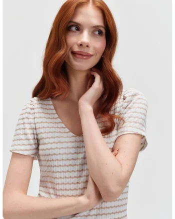 Tricou slim-fit cu decolteu in V, Alb/Bej