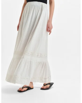 Fusta maxi din bumbac cu talie elastica, Alb