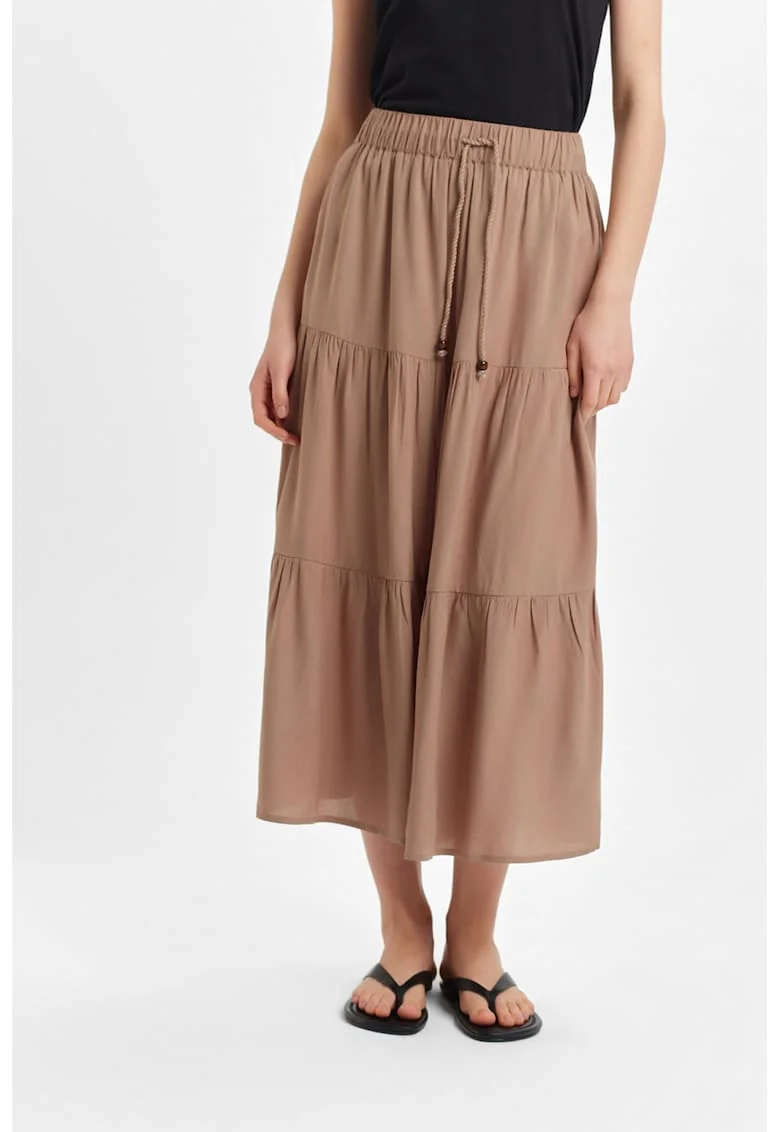 Fusta midi cu talie medie, Maro camel