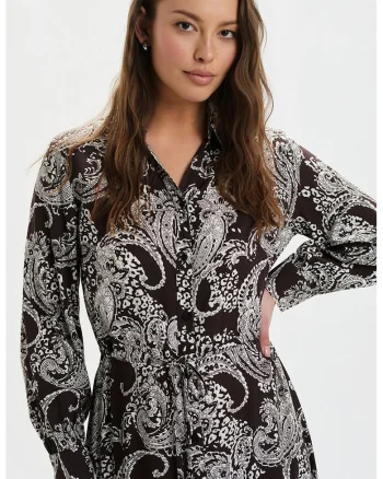 Rochie-camasa lunga cu model paisley, Alb/Negru
