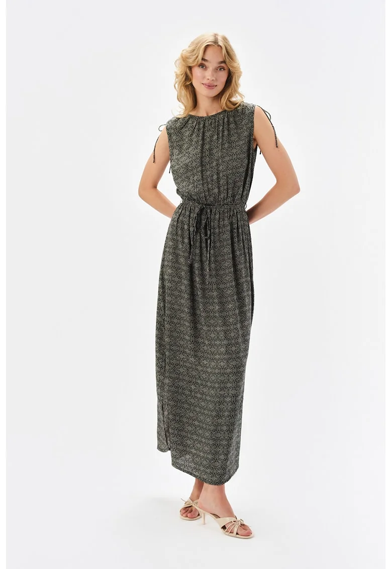 Rochie maxi cu model, Negru/Verde stins