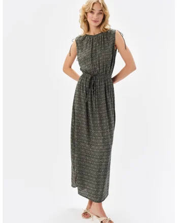 Rochie maxi cu model, Negru/Verde stins