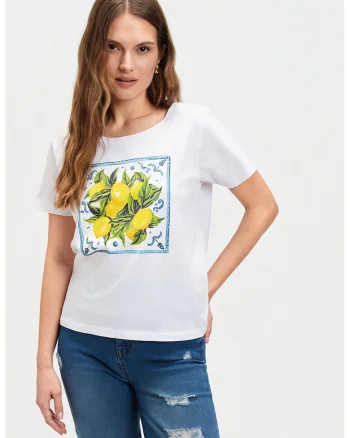 Tricou cu decolteu rotund si imprimeu grafic, Alb