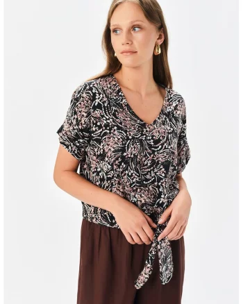Bluza lejera cu decolteu in V, Alb/Negru/Roz prafuit