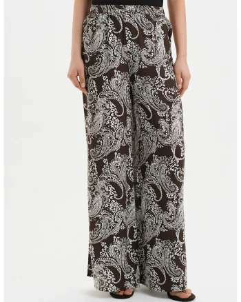 Pantaloni cu croiala ampla si model, Alb/Maro inchis
