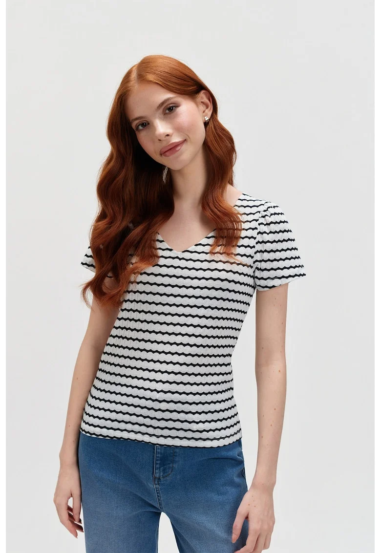 Tricou slim-fit cu decolteu in V, Alb/Negru