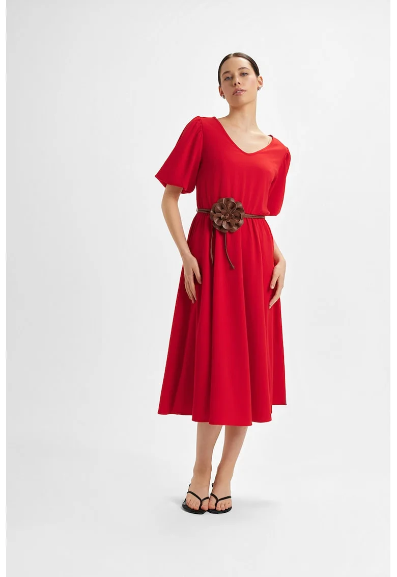 Rochie midi evazata cu cordon decorativ, Rosu