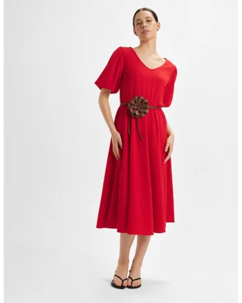 Rochie midi evazata cu cordon decorativ, Rosu