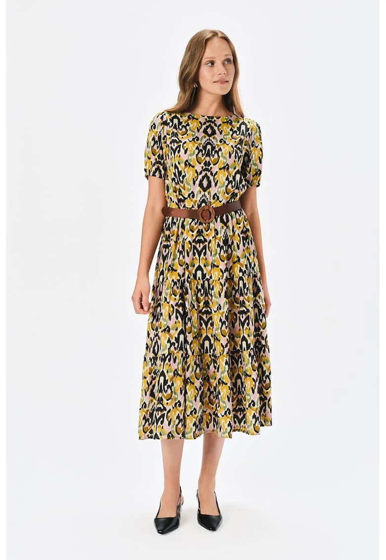 Rochie midi cu model si curea, Multicolor