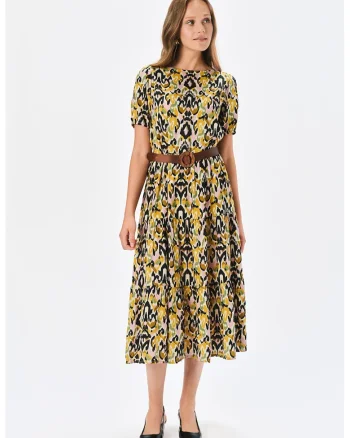 Rochie midi cu model si curea, Multicolor