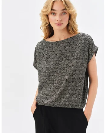Bluza lejera cu decolteu barcuta, Negru/Verde stins