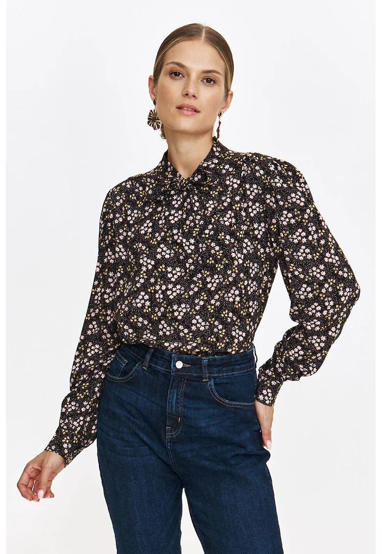 Bluza cu imprimeu floral si funda din panglici, Galben sofran/Negru stins/Alb optic