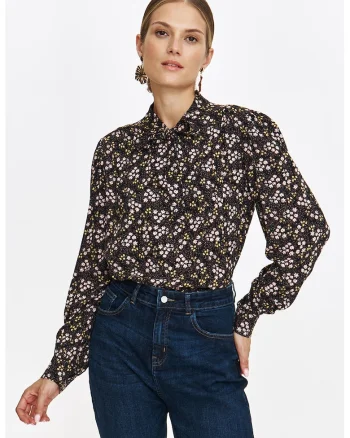 Bluza cu imprimeu floral si funda din panglici, Galben sofran/Negru stins/Alb optic