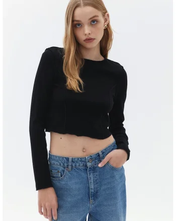 Bluza crop cu maneci lungi, Negru