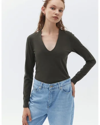 Bluza slim fit cu decolteu in U, Kaki inchis