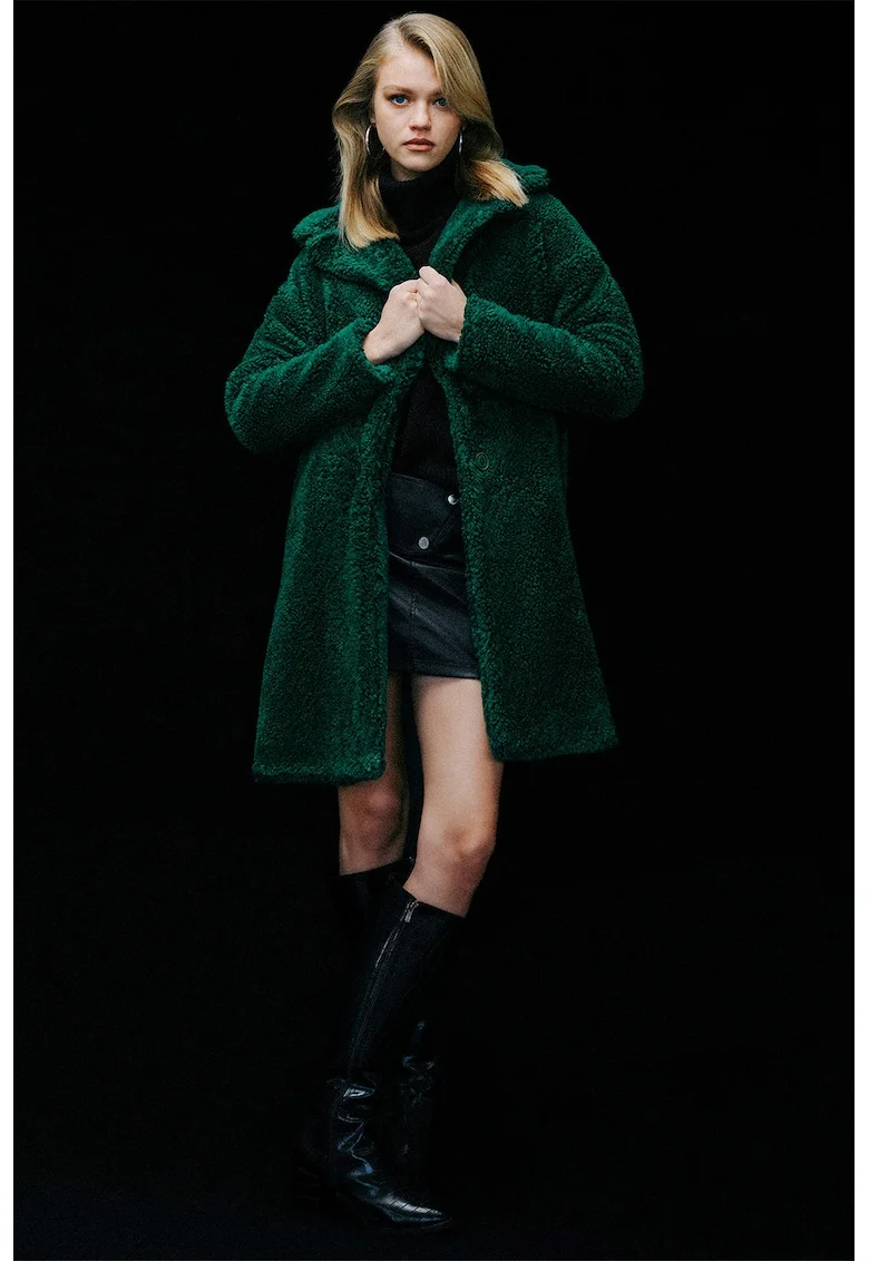 Palton din material teddy cu buzunare laterale, Verde aquamarin