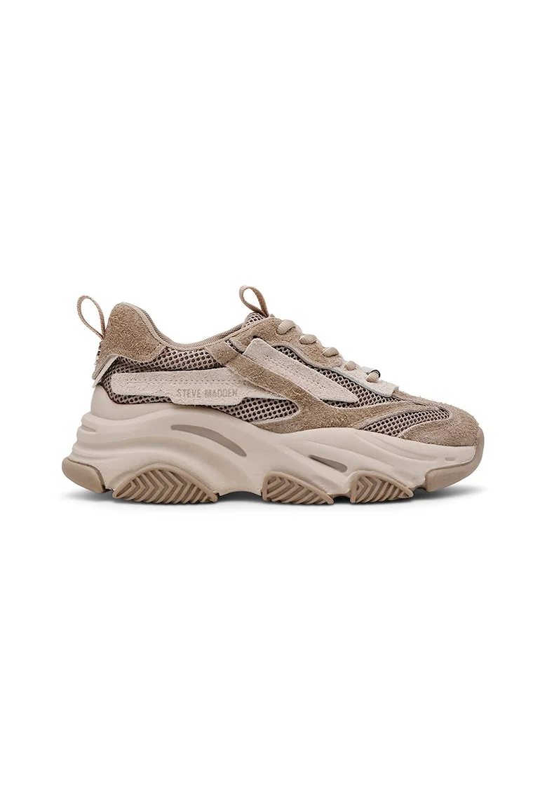Pantofi sport Possession cu aspect masiv si insertii din plasa, Maro taupe/Maro deschis