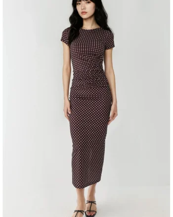 Rochie maxi,  mulata cu imprimeu, maro inchis, textil