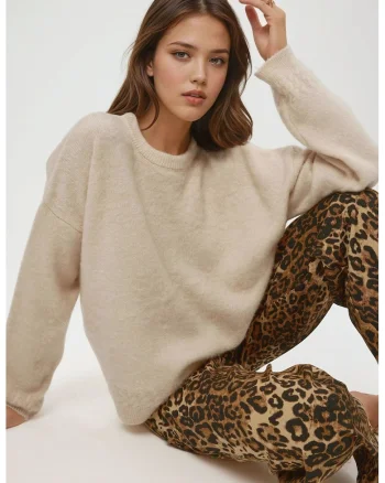 Pulover dama,  pulover cu guler rotund, textura impletita, tricot, Crema naturala,