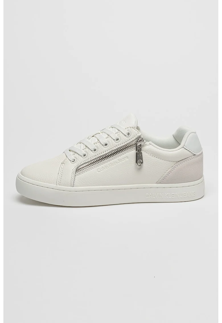 CALVIN KLEIN, Pantofi sport de piele cu detaliu cu fermoar, Alb