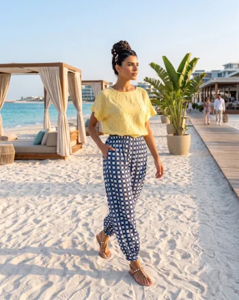 Pantaloni lungi tip șalvari din bumbac cu print geometric albastru - Unica S-L