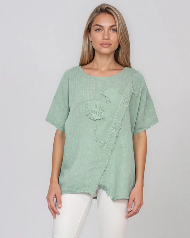 Bluză lejeră din in cu broderie florală și perforații la umeri aqua - Unica S-L