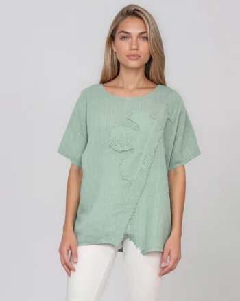 Bluză lejeră din in cu broderie florală și perforații la umeri aqua - Unica S-L