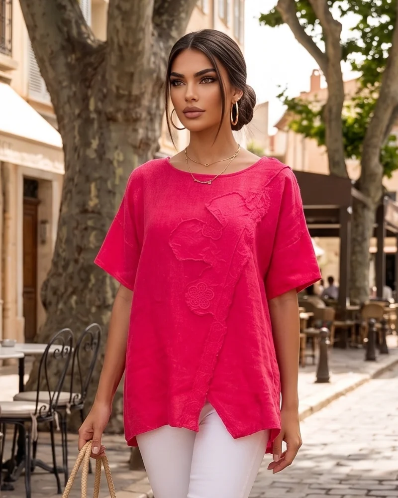 Bluză lejeră din in cu broderie florală și perforații la umeri ciclam - Unica S-L