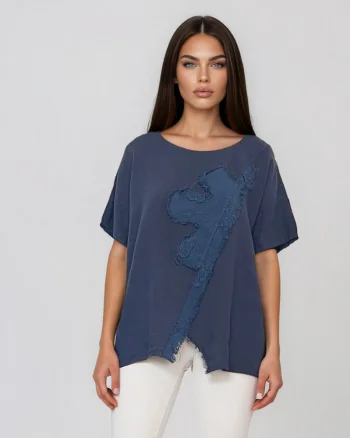 Bluză lejeră din in cu broderie florală și perforații la umeri bleumarin - Unica S-L