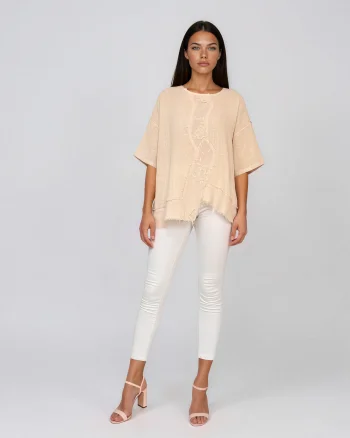 Bluză largă din in cu flori aplicate și franjuri beige - Unica S-L