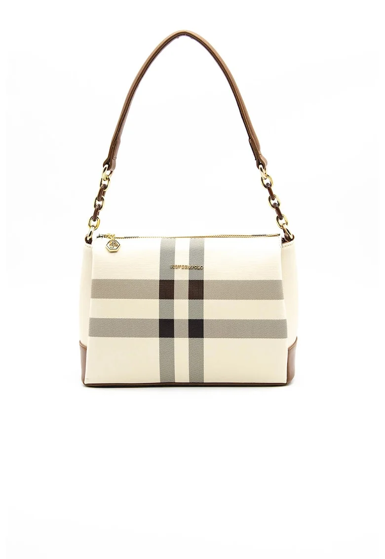 Geanta de piele ecologica  cu model in carouri, Negru/Maro/Crem, 20x25x11
