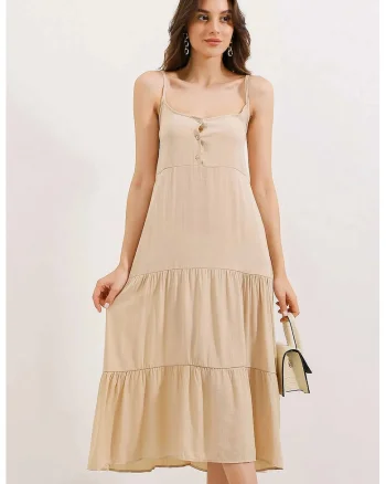 Rochie midi dama, HiCCUP, lejera, decolteu patrat, poliester, bej