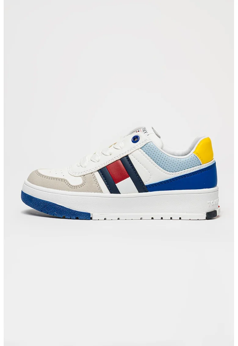 Pantofi sport din piele ecologica cu model colorblock, Alb/Albastru royal