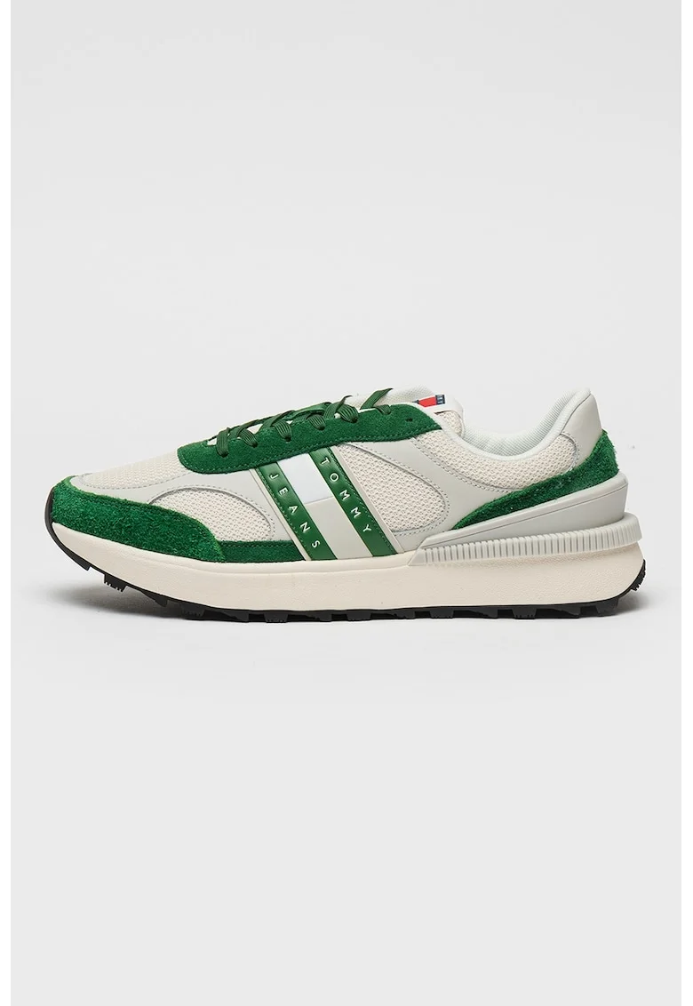 Pantofi sport de plasa cu insertii din piele intoarsa, Verde/Gri deschis