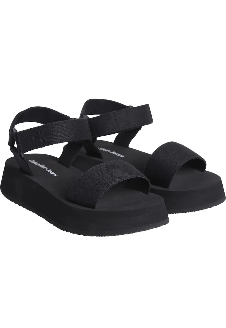 Sandale flatform din material textil cu segment cu inchidere velcro, Negru