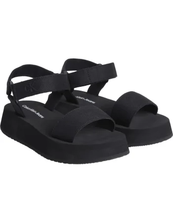 Sandale flatform din material textil cu segment cu inchidere velcro, Negru