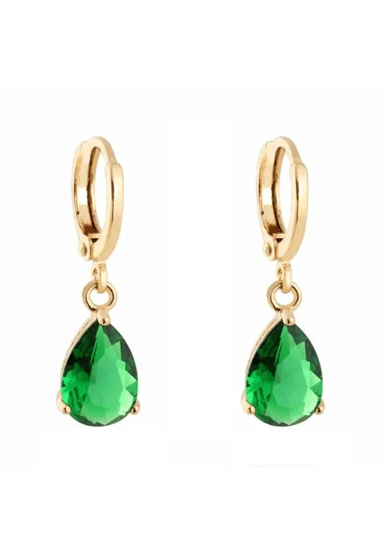 Cercei aurii, din otel inoxidabil, forma de lacrima verde, suflati cu aur 18k, Harpa C2