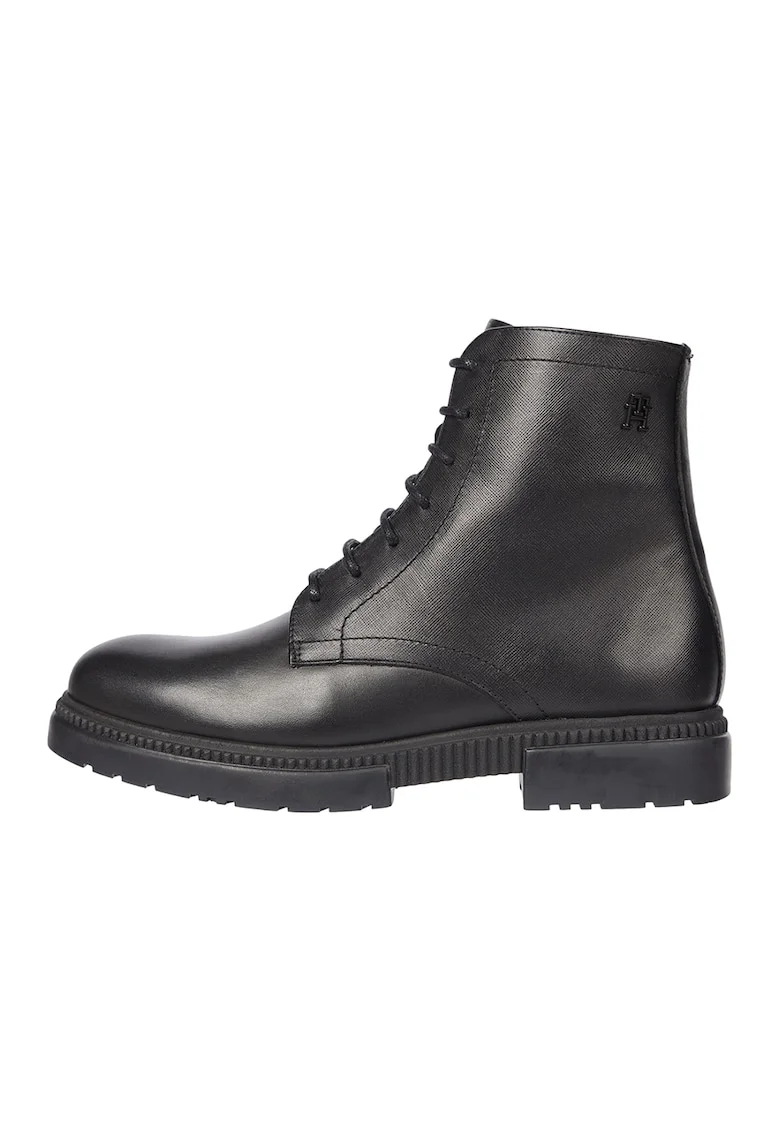 Ghete de piele cu siret si fermoar, Negru