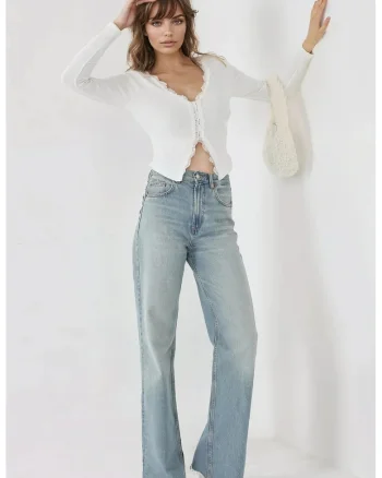 Bluza dama,  top din dantela cu maneca lunga si decolteu in V, alb, jerseu