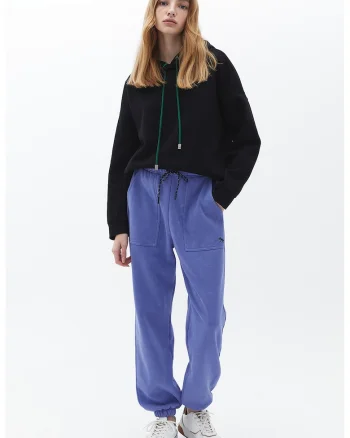 Pantaloni de trening din amestec de bumbac cu talie inalta, Albastru deschis