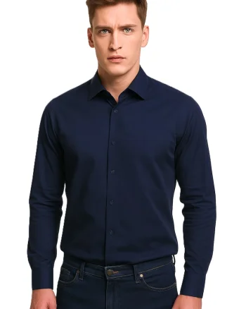 Camasa cambrata din amestec de bumbac, Bleumarin
