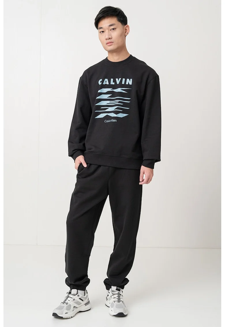 Bluza de trening din bumbac cu imprimeu logo, Negru/Albastru prafuit