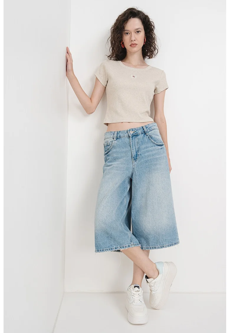Tricou crop cu croiala slim fit, Gri inchis/Bej deschis